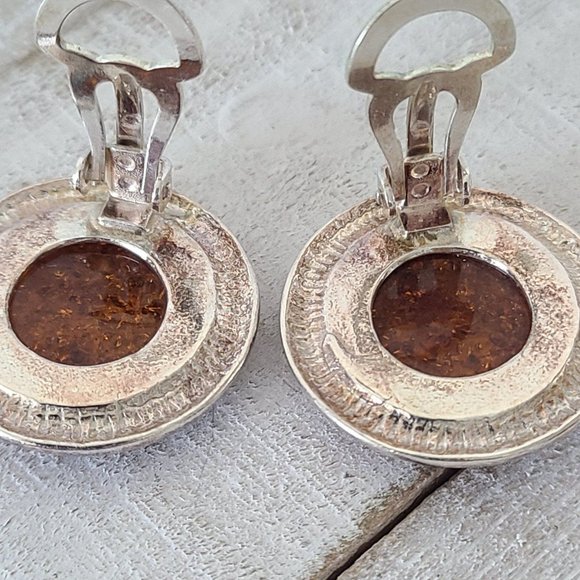 Vintage Sterling Silver Cognac Amber Earrings Circle Clip On - Picture 8 of 12